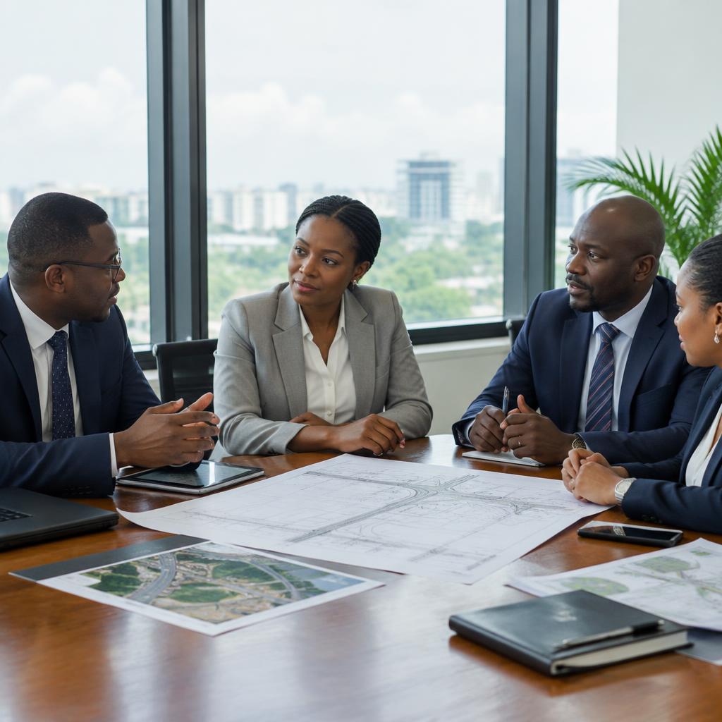 Executives in discussion around a boardroom table reviewing infrastructure plans